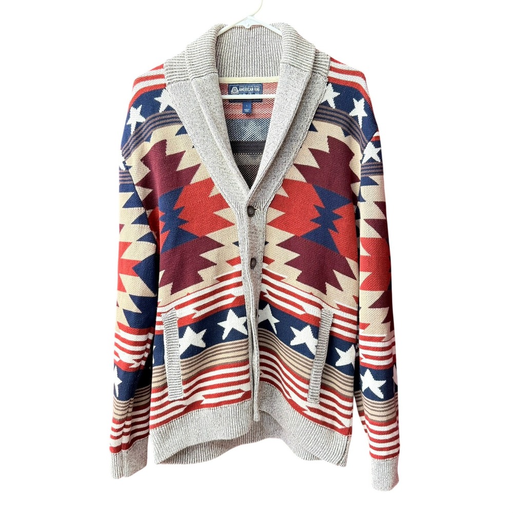 American Rag Cardigan Mens L Multicolor Southwestern Stars Shawl Collar Sweater
